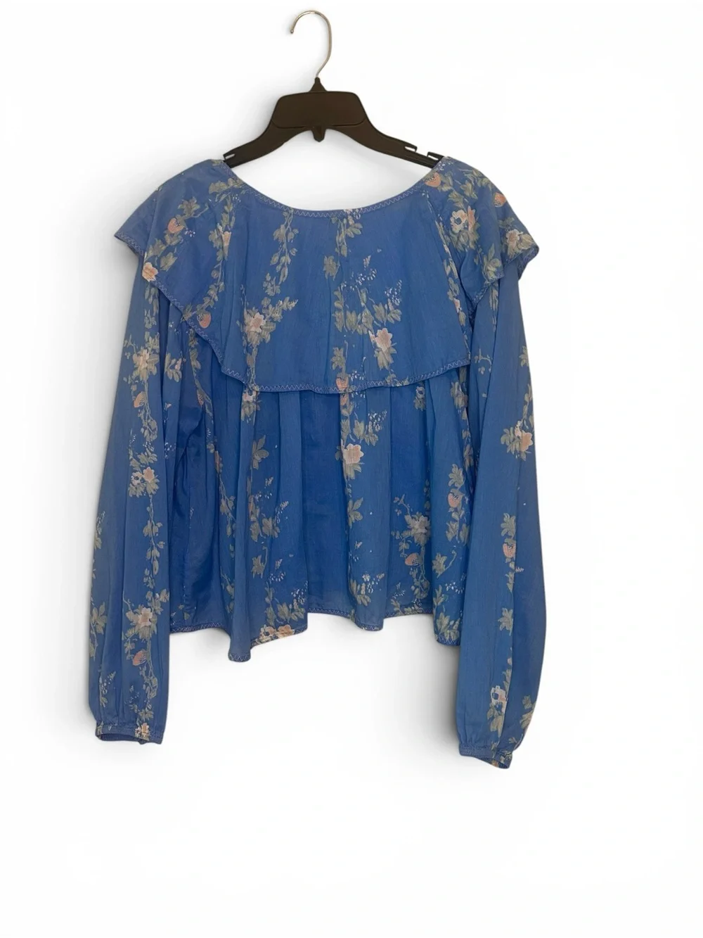 Free People Sky Blue Floral Ruffle Peasant Top - Picture 4 of 9